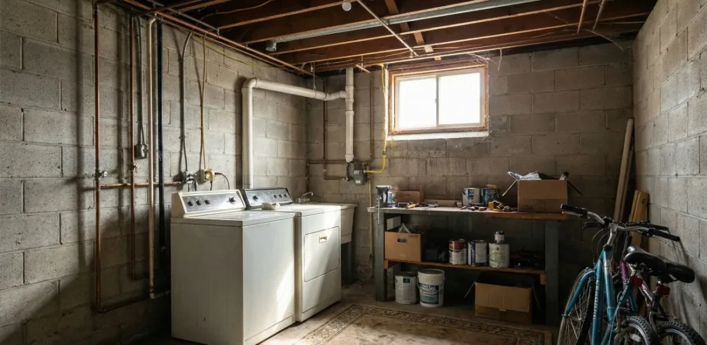 Exposed residential plumbing in an older Aylmer home basement