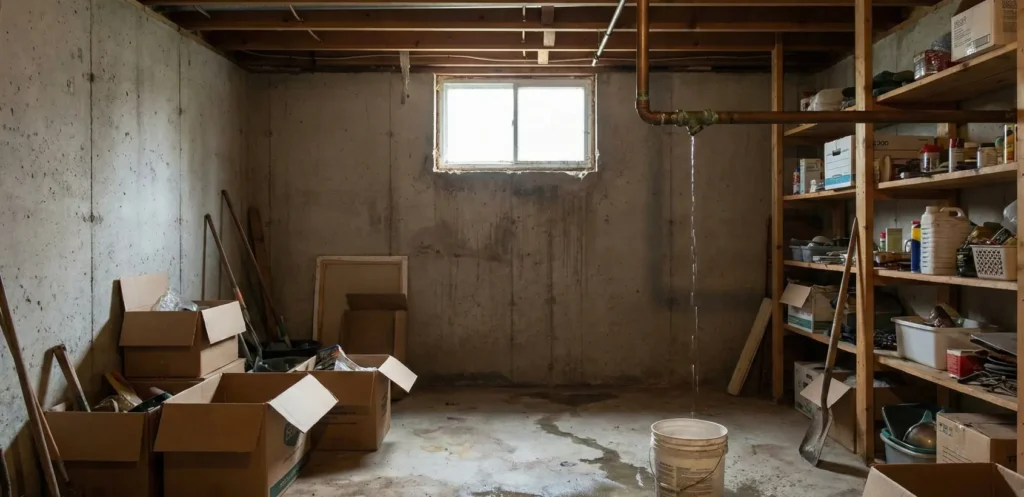 a pipe leaking water into a bucket in an unfinished basement