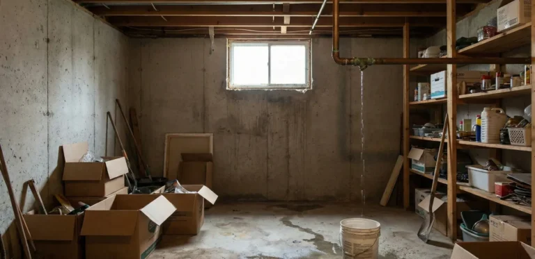 a pipe leaking water into a bucket in an unfinished basement