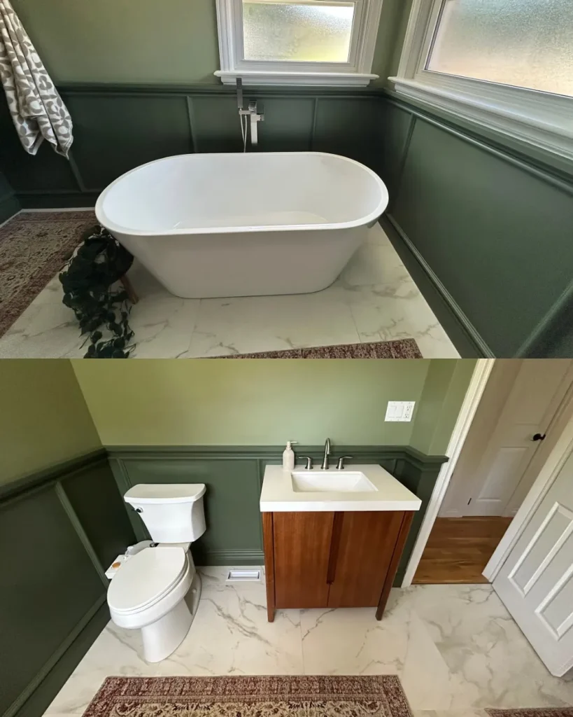 after shots of an installed bathrtub, toilet, and sink