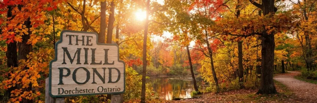 Wooden Mill Pond sign in Dorchester Ontario surrounded by fall trees and pond water