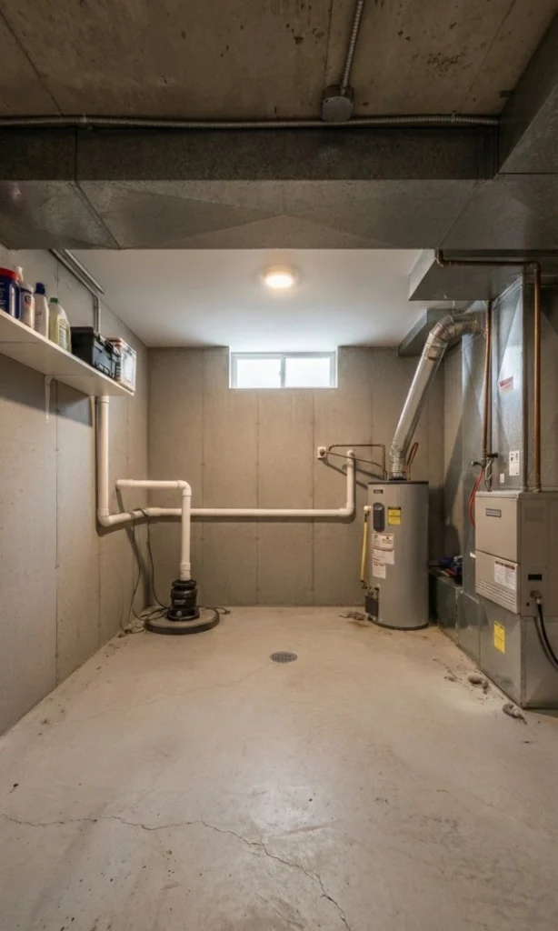 clean basement utility area with a standard sump pump system in a Tillsonburg home