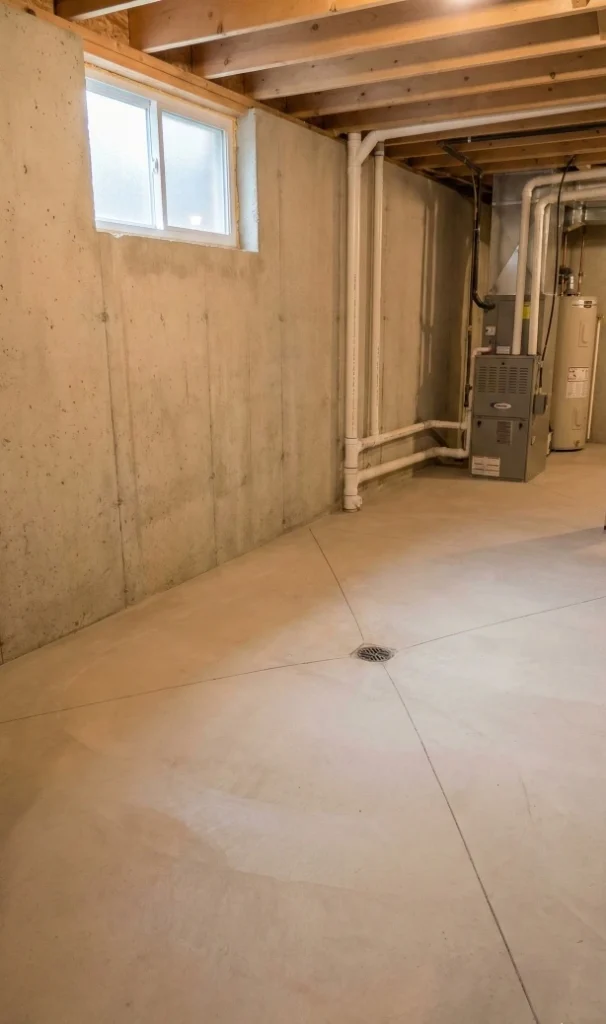 Concrete basement floor with centered floor drain and neatly routed plumbing lines in a Dorchester Ontario home