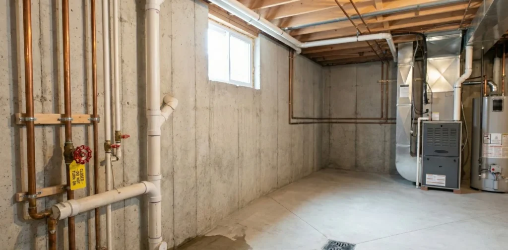 Main water shutoff valve turned off in a Dorchester basement near exposed plumbing and floor drain