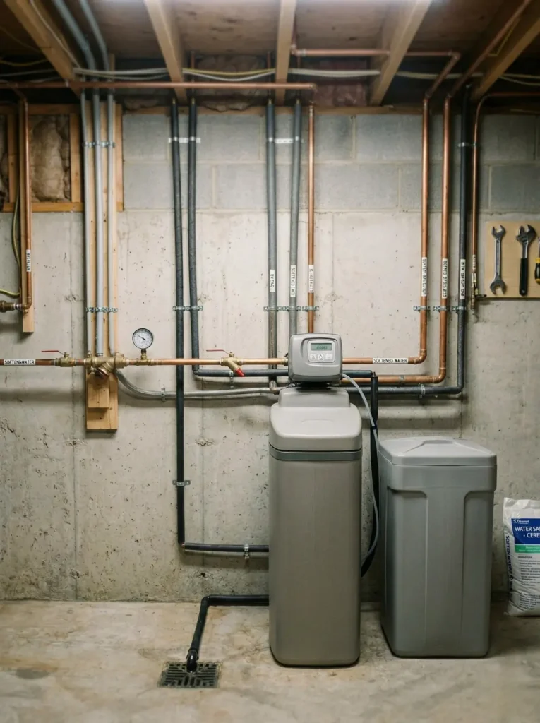 Residential basement water softener system with connected plumbing and clean, professional installation
