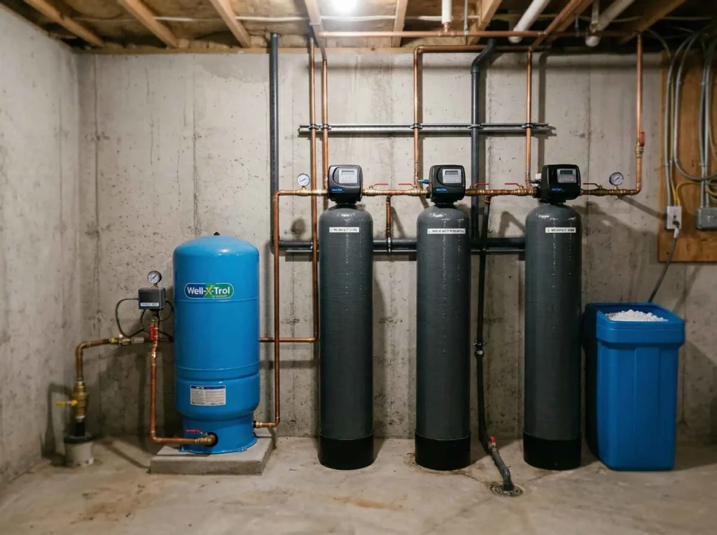 Residential well water filtration system with multiple filter tanks and pressure tank connected to organized plumbing in a basement setting